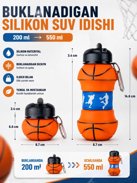 Qatlanadigan silikon sport suv idishi, Yig'iladigan butilka, 550 ml / 200 ml