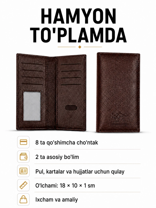 Eko-charmdan bel sumkasi bo‘limlari bilan + hamyon