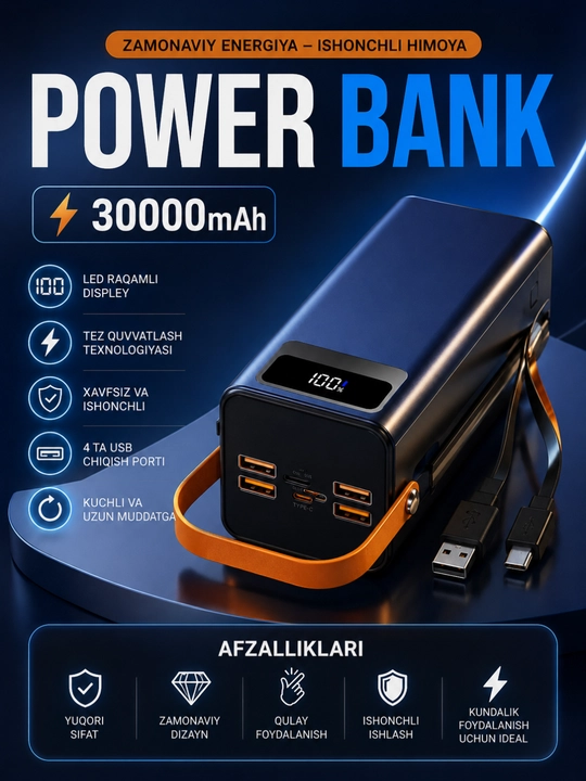 Power Bank 10000/20000/30000mAh 22.5W быстрая зарядка LED дисплей USB порты - 