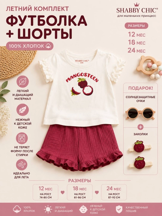 Комплект детский летний для девочки: футболка и шорты муслин, 100% хлопок - 
