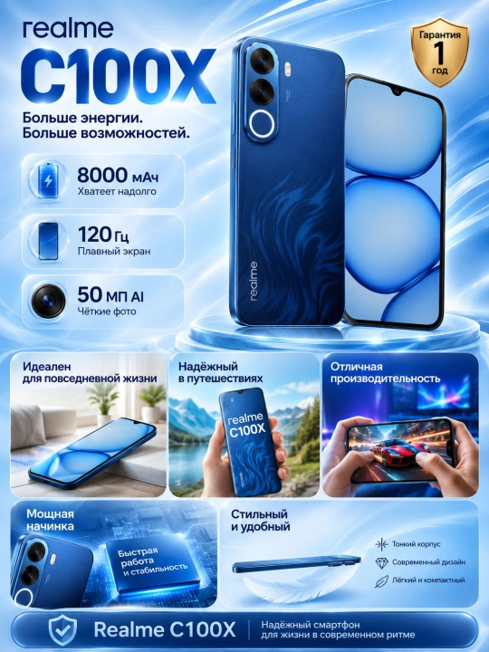 Смартфон realme C100X RMX5366, 6.8″ IPS 120 Гц, 8000 мА·ч, камера 50 МП, NFC, 4G