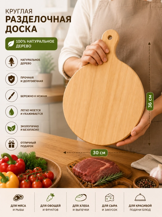 Круглая разделочная доска из натурального дерева для кухни прочная и удобная