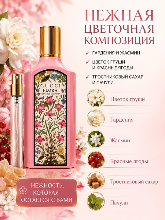 Atir Gucci Flora, Magnolia, Jiasmin, Gardenia, duxi, probnik ayollar atirlar
