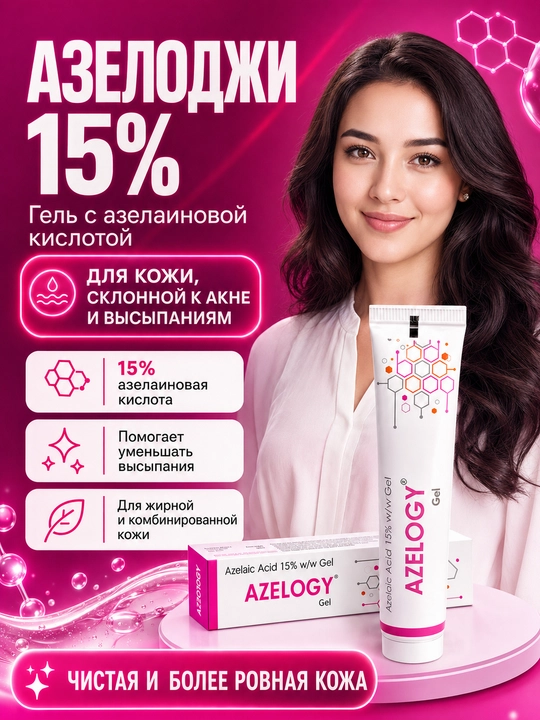 Azelin kislotasi qo‘shilgan husnbuzarga qarshi 15% AZELOGY geli, 30 g - 