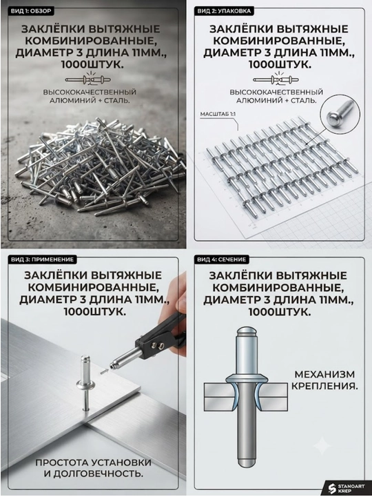 Diametri 3 mm, uzunligi 11 mm bo‘lgan cho‘zish parchin mixlari, 1000 dona