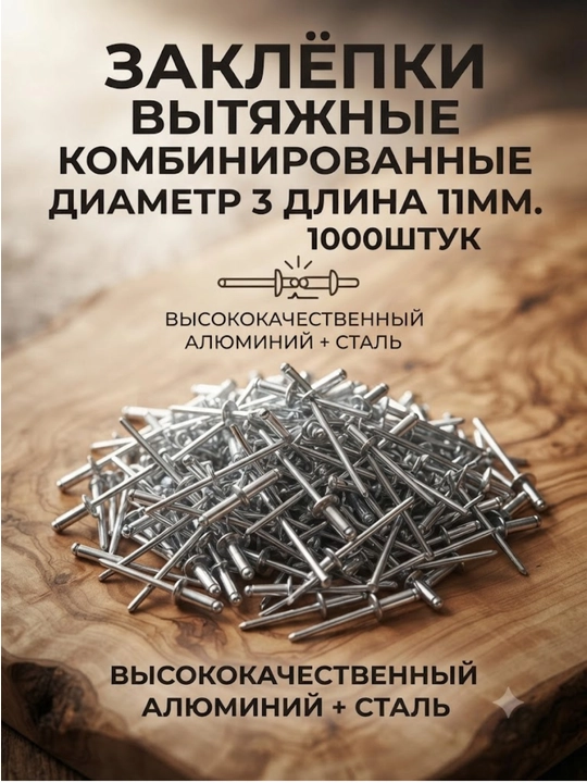 Заклепки вытяжные диаметр 3 мм, длина 11мм, 1000 штук - 