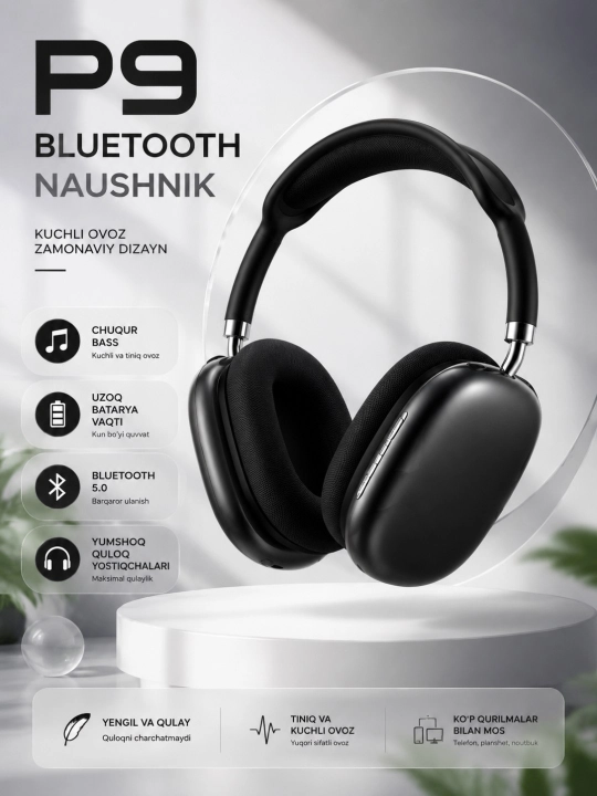 P9 simsiz Bluetooth quloqchini – Mikrofonli, buklanadigan Over-Ear naushnik