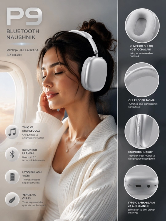 P9 simsiz Bluetooth quloqchini – Mikrofonli, buklanadigan Over-Ear naushnik