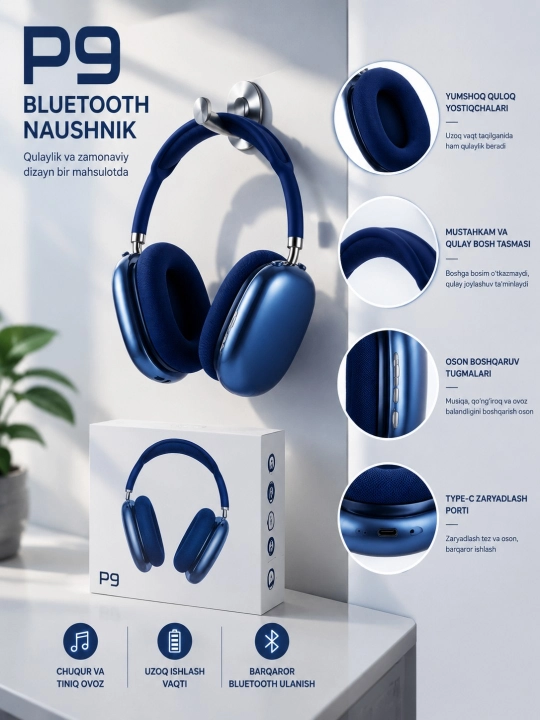 P9 simsiz Bluetooth quloqchini – Mikrofonli, buklanadigan Over-Ear naushnik