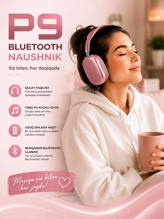 P9 simsiz Bluetooth quloqchini – Mikrofonli, buklanadigan Over-Ear naushnik