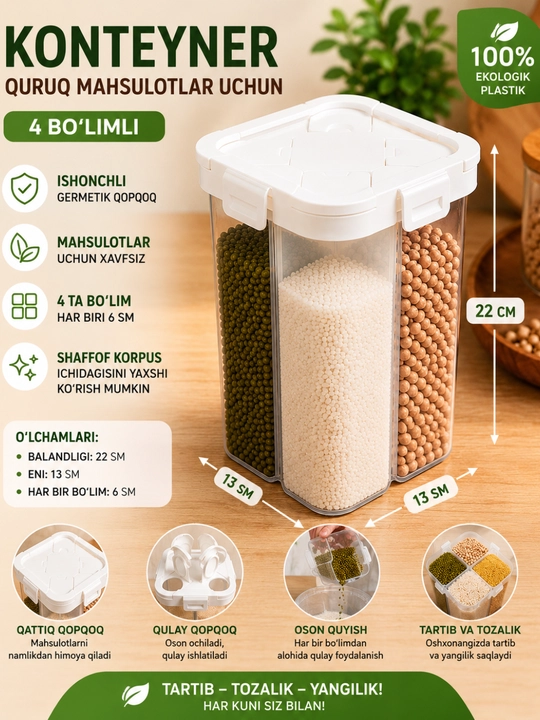 Konteyner don mahsulotlari uchun 4 ta bo'linma, 2300 ml - 