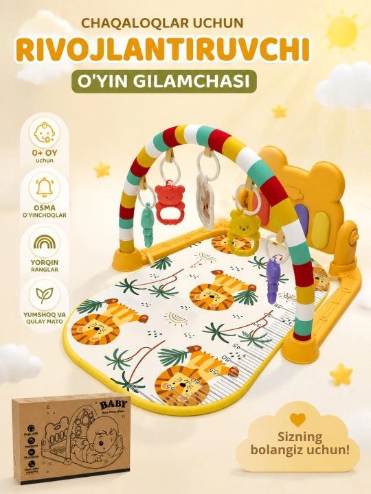 Piano va osma o‘yinchoqlar bilan kichkintoylar uchun rivojlantiruvchi musiqiy gilamcha