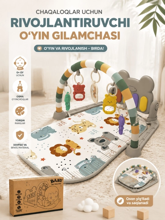 Piano va osma o‘yinchoqlar bilan kichkintoylar uchun rivojlantiruvchi musiqiy gilamcha