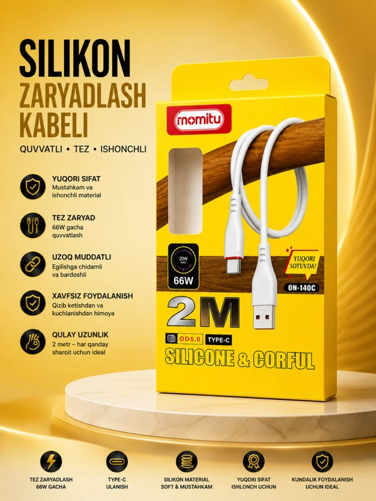 2 metrlik USB Type-C 66W silikon kabeli — tez quvvatlanadi va barqaror ma’lumot uzatadi - 