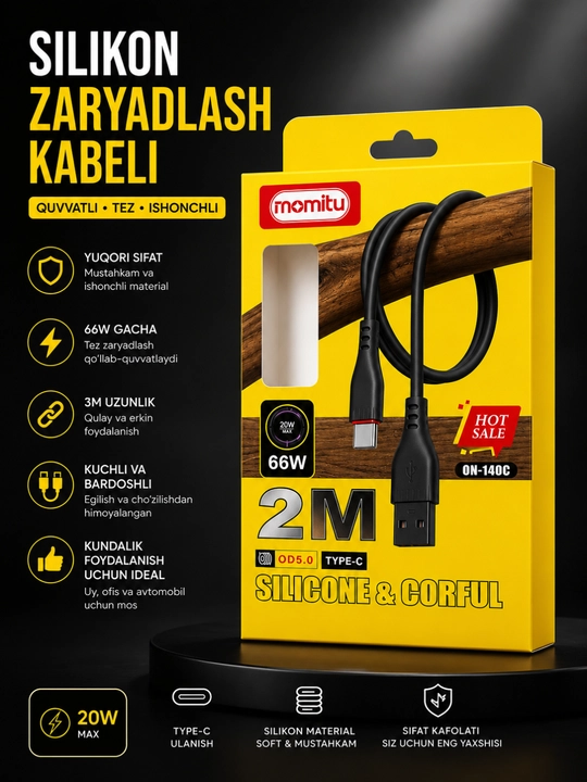 2 metrlik USB Type-C 66W silikon kabeli — tez quvvatlanadi va barqaror ma’lumot uzatadi - 