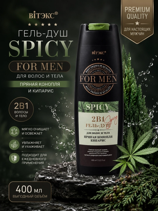 Гель-душ для волос и тела Витэкс For Men Spicy, 2 в 1, пряная конопля и кипарис, 400 мл - 