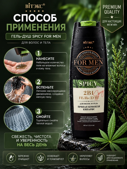 Гель-душ для волос и тела Витэкс For Men Spicy, 2 в 1, пряная конопля и кипарис, 400 мл