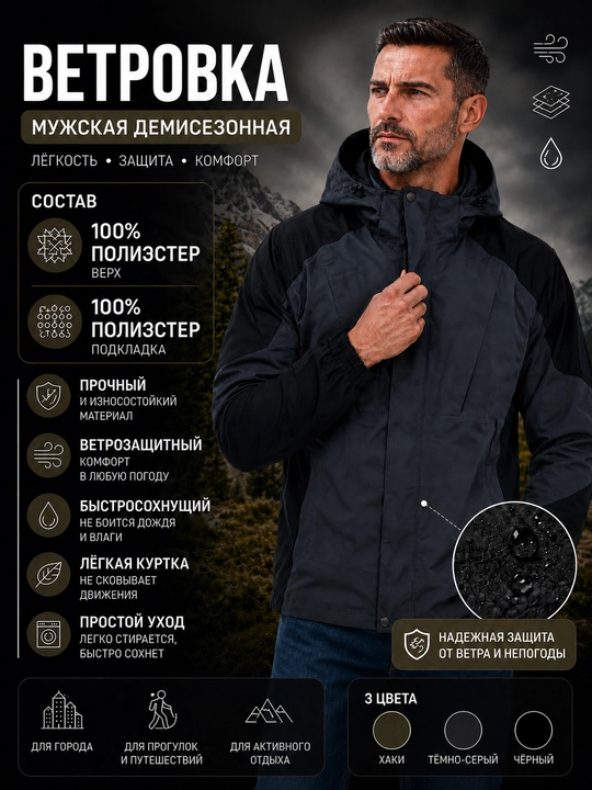 Erkaklar yelkaposhi, mavsumiy, kapyushonli, kattaroq o‘lchamda, o‘lchami M-3XL dan boshlanadi