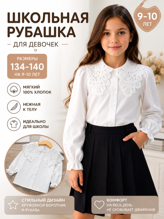 Школьная блузка для девочки, белая рубашка, размер на 9 и 10 лет - 