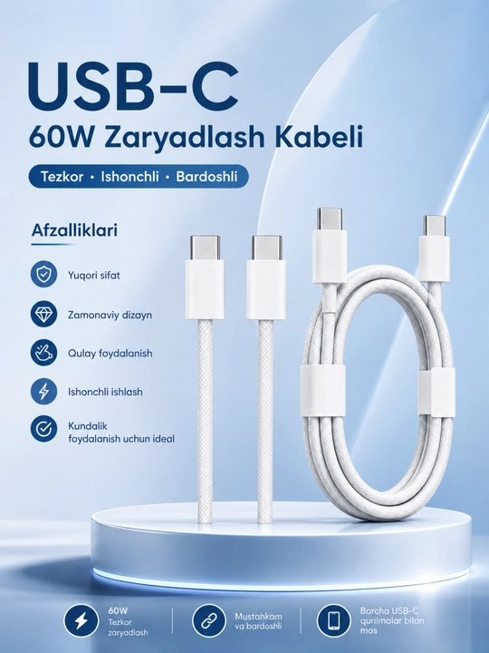 USB-C Кабель для быстрой зарядки 60W (1 метр) - 