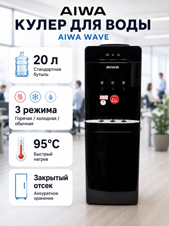 Кулер для воды AIWA WAVE, с закрытым отсеком для бутыли и посуды, 3 режима подачи воды - 
