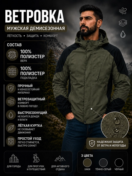 Erkaklar yelkaposhi, mavsumiy, kapyushonli, kattaroq o‘lchamda, o‘lchami M-3XL dan boshlanadi