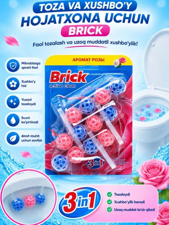 Brick active clean, Unitazni tozalash uchun sharchalar, 2-3 almashtiriladigan bloklar - 