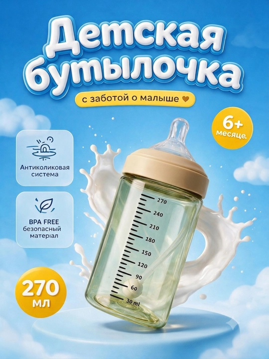 Детская антиколиковая бутылочка для кормления  трубочкой, акрил, 270 мл - 