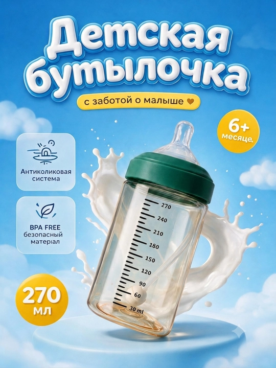 Детская антиколиковая бутылочка для кормления  трубочкой, акрил, 270 мл - 