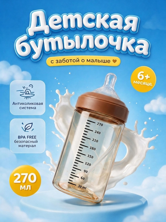 Детская антиколиковая бутылочка для кормления  трубочкой, акрил, 270 мл - 