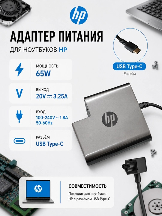 Блок питания для ноутбука HP, зарядное устройство 65 Вт, 19.5 В, 3.33 А - 