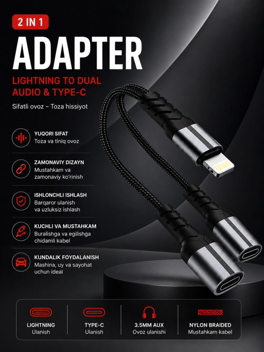 Lightning 2-in-1 audio va zaryadlash adapteri – musiqa tinglash va tezkor quvvatlash - 
