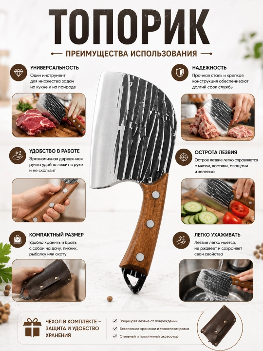 Кухонный тесак топорик для мяса, костей, овощей и разделки продуктов с чехлом