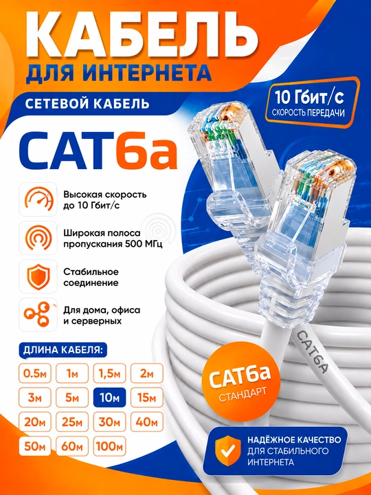 Сетевой кабель для интернета (патч-корд) LAN RJ-45, UTP Cat.6e, 10 метров - 