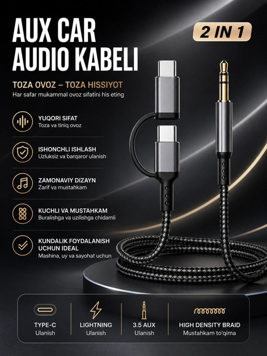 Hi-Fi ovozli va ishonchli ulanish imkoniyatiga ega avtomobil uchun 3,5 mm li AUX kabeli - Type-C 2 ta 1 da - 
