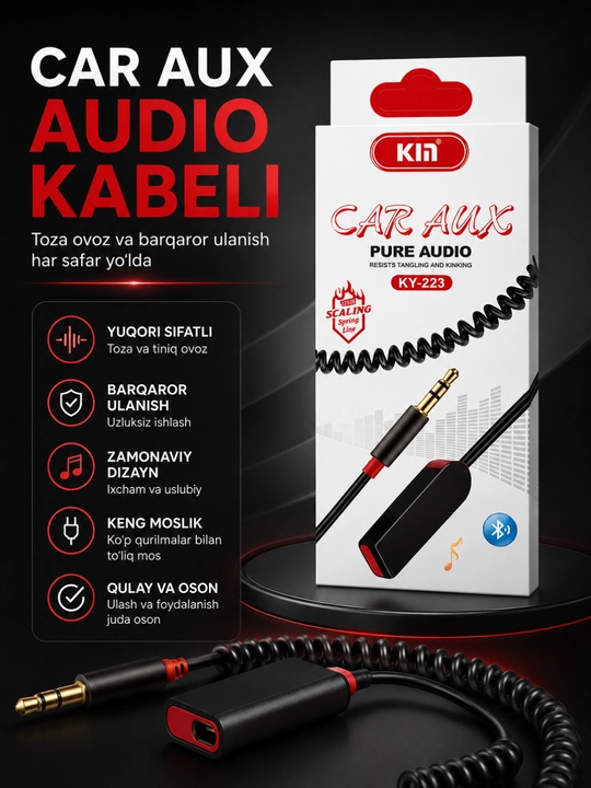 Avtomobil uchun 3,5 mm li Bluetooth AUX audio adapteri - tiniq ovoz va barqaror aloqa - 