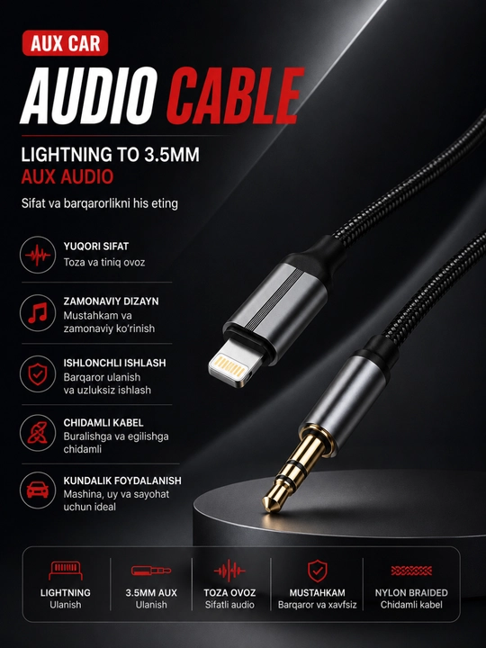 Lightning to 3.5 mm AUX Audio Kabeli iPhone uchun Avtomobil Audio Ulanish Kabeli - 