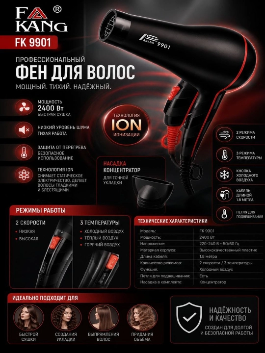 Фен Ion 9901 — мощный и удобный прибор для быстрой сушки и укладки волос