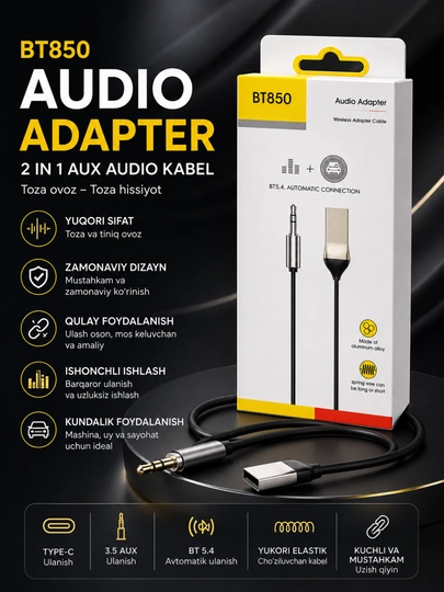 Avtomobil va uy audio tizimi uchun BT850 Bluetooth AUX 3.5 mm audio adapteri - 