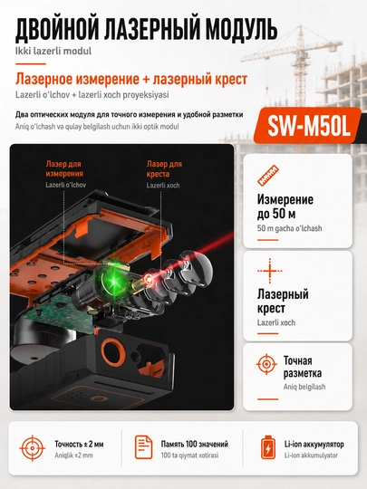 SNDWAY SW lazerli masofa o‘lchagichi. Qizil va yashil nurlar, ruletka, lazerli xoch, daraja