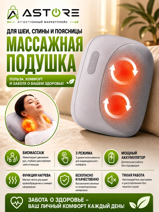 3D Massaj Yostig'i Bo'yin, Bel va Yelka uchun, Isitish funksiyali, Simsiz, 3 Rejimli - 