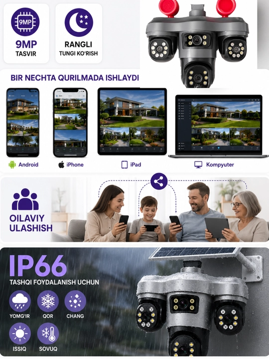SIM kartali quyosh panelli videokuzatuv kamerasi O-Kam Pro,Icee,v-380. 3 kamera, 12000 mAh