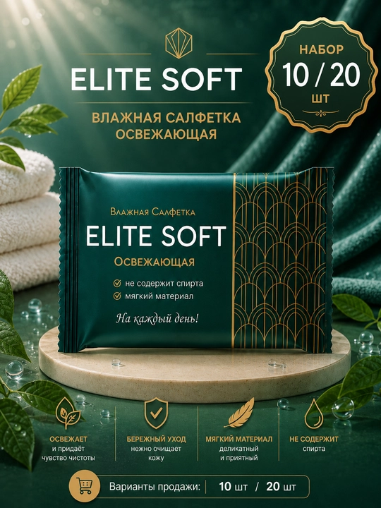 ELITE SOFT без спирта, 10, 20 шт, влажные салфетки - 