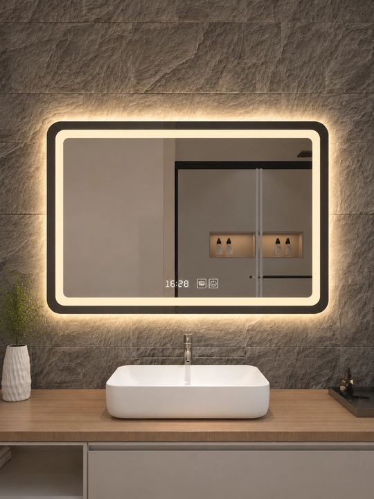 LED yoritgichli vanna oynasi 60×80 sm, sensor boshqaruv, antifog va elektron soat