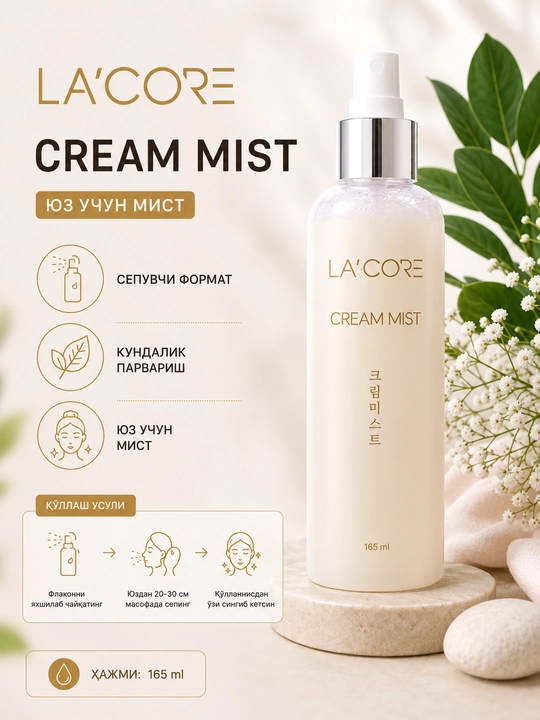 LA'CORE Cream Mist – Namlantiruvchi yuz spreyi (165 ml), kun davomida teringiz uchun tezkor parvarish - 
