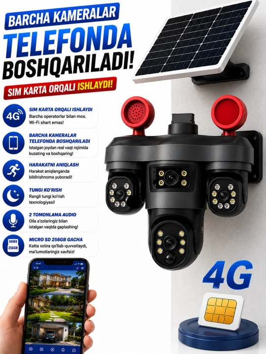 SIM-karta+12v va quyosh panelli 4G kamera Wi-Fi va elektr quvvati bo'lmagan hududlar uchun - 