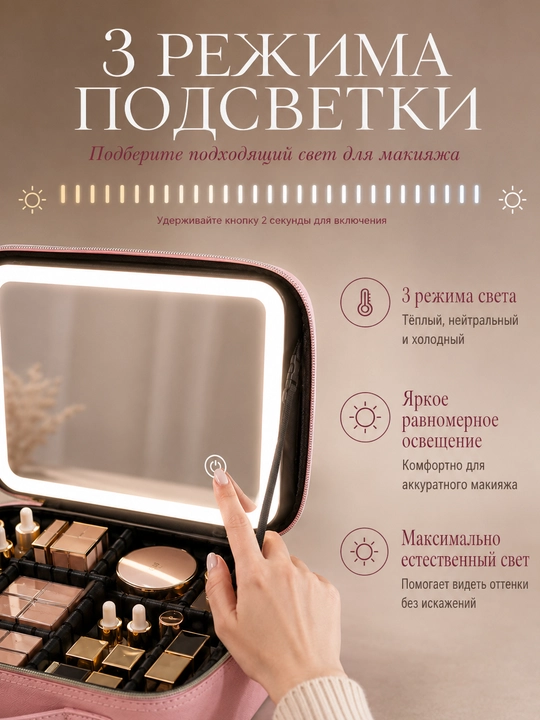 Косметичка с подсветкой и зеркалом, кейс для косметики, органайзером для кистей