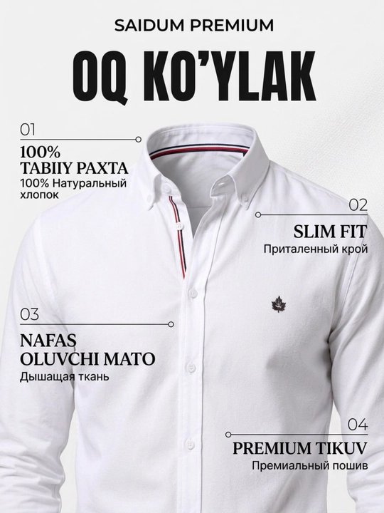 Erkaklar uchun oq ko'ylak, oq kuylak maktabga, oq rubashka