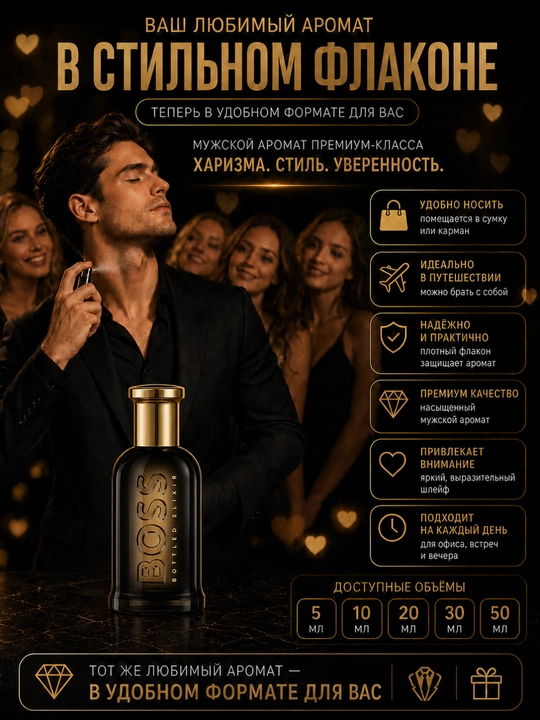 BOSS uslubidagi parfyumeriya suvi Bottled Elixir, erkaklar ifori, 5–50 ml
