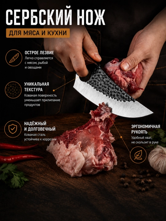 Go‘sht, suyak va sabzavotlar uchun serb tesak-pichog‘i, yog‘och dastali maydalash pichog‘i